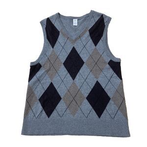 GAP Argyle Sweater Vest Wool Blend Men S Gray Brown Knit V Neck Pullover S 38"